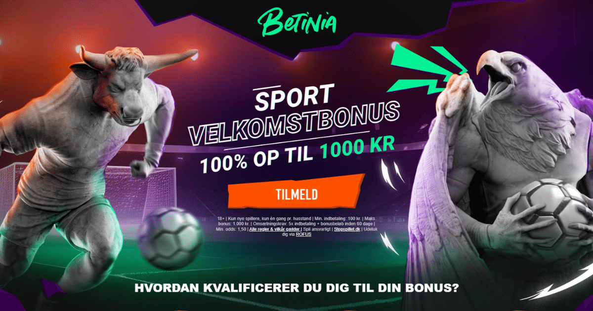 Betinia-kampagne med sport-velkomstbonus på 100% op til 1000 kr.