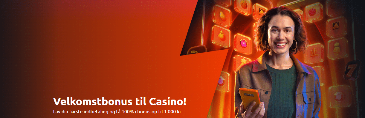 Kampagnebanner: velkomstbonus til casino med 100% bonus op til 1.000 kr. på første indbetaling