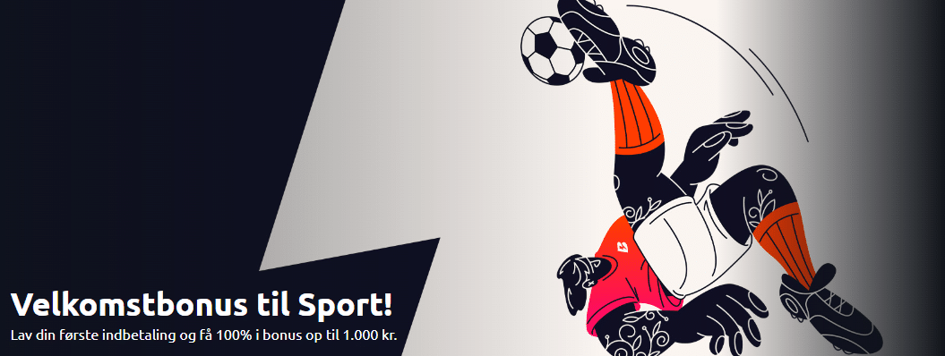 Kampagnebanner: velkomstbonus til sport med 100% bonus op til 1.000 kr. på første indbetaling