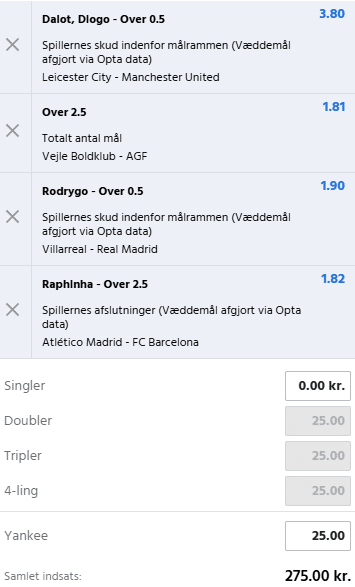 Kuponscreenshot: Yankee-systemspil med fire spillerspil, samlet indsats 275 kr.