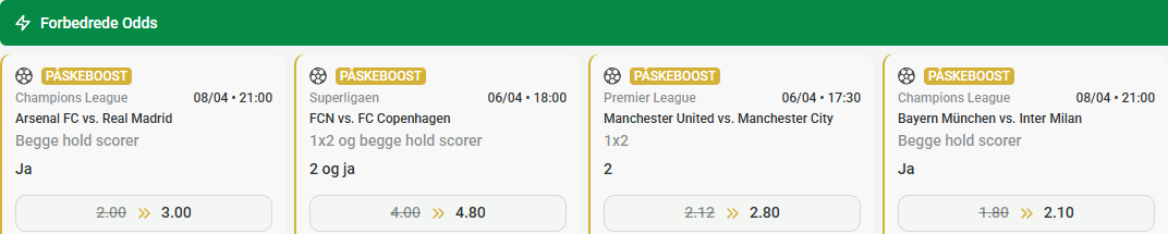 Oddsliste med fire påskeboost på Champions League-, Superliga- og Premier League-kampe