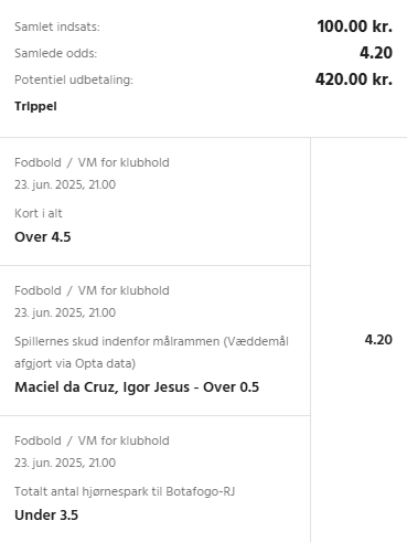 Kuponscreenshot: trippel med kort, skud og hjørnespark i en VM-kamp, samlede odds 4,20