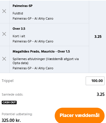 Kuponscreenshot: Palmeiras fuldtid, over 3,5 kort og Magalhães over 1,5 afslutninger til odds 3,25