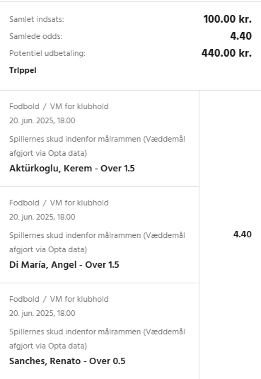 Kuponscreenshot: trippel på skud på mål for Aktürkoglu, Di María og Sanches til samlet odds 4,40