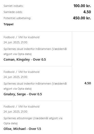 Kuponscreenshot: trippel med Coman, Gnabry og Olise, samlede odds 4,50