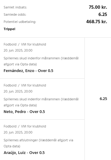Kuponscreenshot: Fernández og Neto over 0,5 skud på mål og Araújo over 0,5 afslutninger, odds 6,25