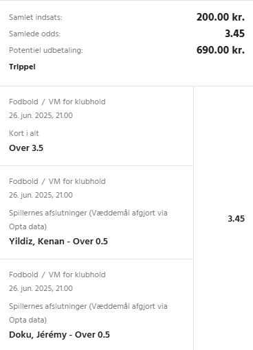 Kuponscreenshot: over 3,5 kort samt Yildiz og Doku over 0,5 afslutninger til samlet odds 3,45
