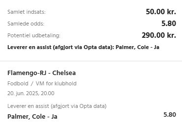 Kuponscreenshot: Cole Palmer leverer en assist i Flamengo-Chelsea til odds 5,80
