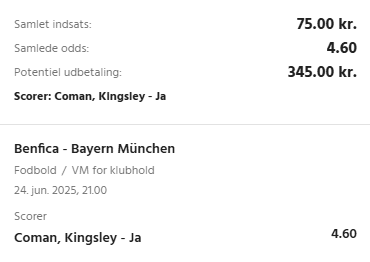 Kuponscreenshot: Kingsley Coman scorer i Benfica-Bayern München til odds 4,60