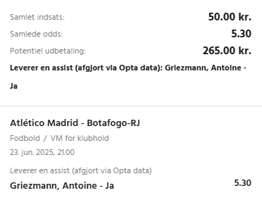Kuponscreenshot: Antoine Griezmann leverer en assist i Atlético Madrid-Botafogo til odds 5,30