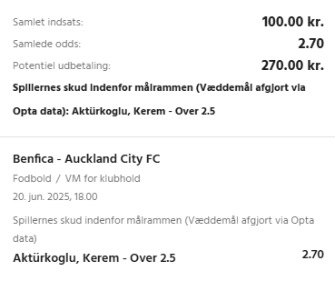 Kuponscreenshot: Kerem Aktürkoglu over 2,5 skud på mål i Benfica-Auckland City til odds 2,70