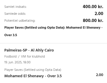 Kuponscreenshot: Mohamed El Shenawy over 3,5 redninger i Palmeiras-Al Ahly til odds 2,00