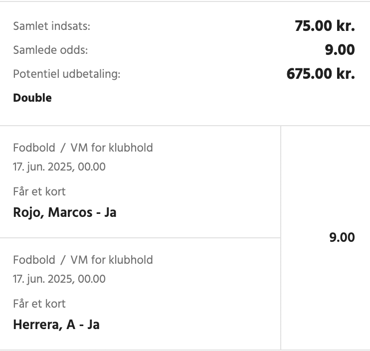 Kuponscreenshot: Marcos Rojo og Herrera får hver et kort til samlet odds 9,00