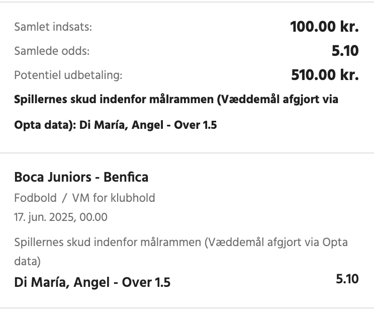 Kuponscreenshot: Angel Di María over 1,5 skud på mål i Boca Juniors-Benfica til odds 5,10