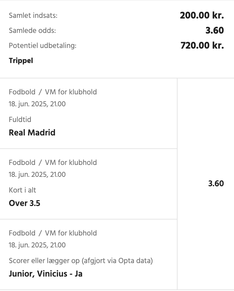 Kuponscreenshot: trippel til odds 3,60 – Real Madrid vinder, over 3,5 kort og Vinícius scorer eller lægger op