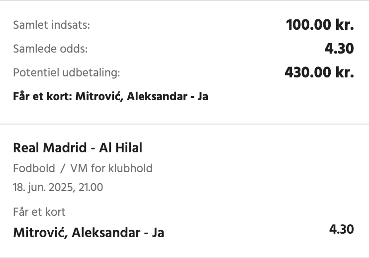Kuponscreenshot: Aleksandar Mitrović får et kort i Real Madrid-Al Hilal til odds 4,30