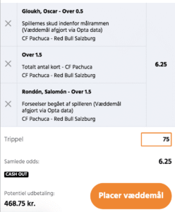 Kuponscreenshot: trippel til odds 6,25 – Gloukh over 0,5 skud, Pachuca over 1,5 kort, Rondón over 1,5 forseelser