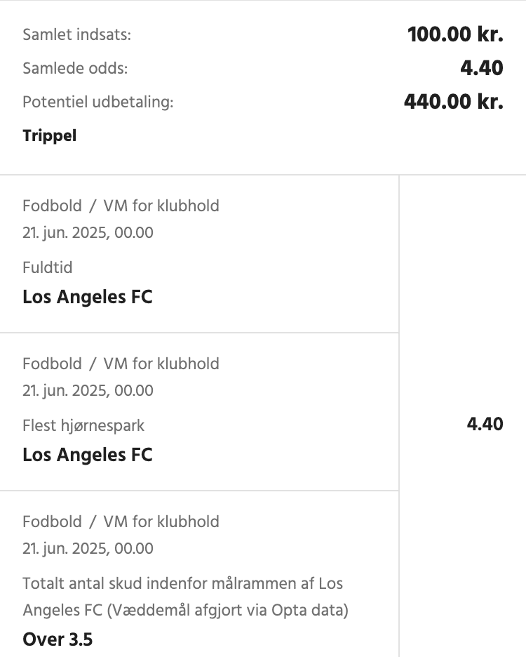 Kuponscreenshot: trippel til odds 4,40 – Los Angeles FC vinder, får flest hjørnespark og over 3,5 skud på mål