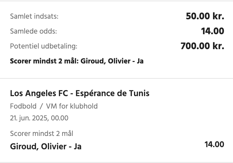 Kuponscreenshot: Olivier Giroud scorer mindst 2 mål i Los Angeles FC-Espérance til odds 14,00