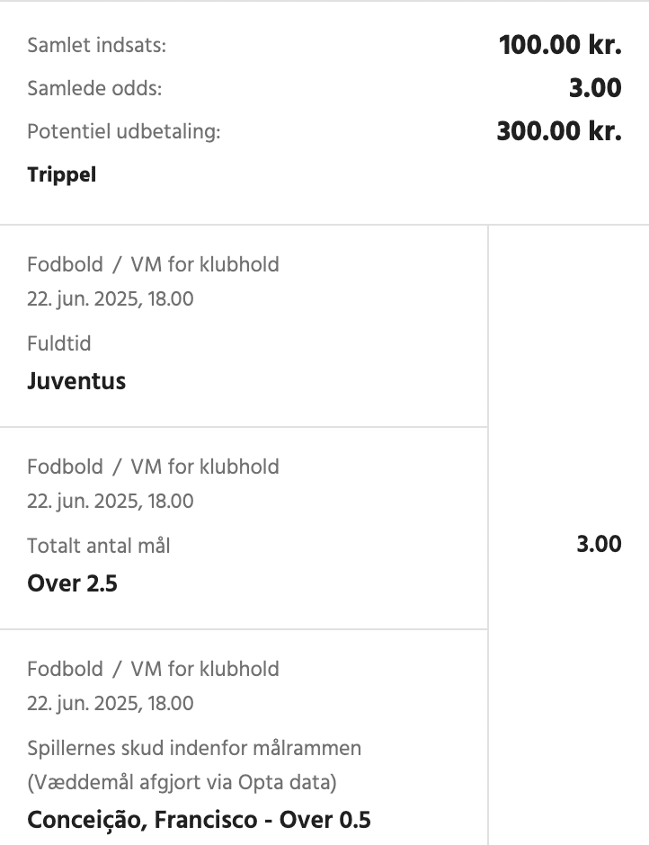 Kuponscreenshot: trippel til odds 3,00 – Juventus vinder, over 2,5 mål og Conceição over 0,5 skud på mål