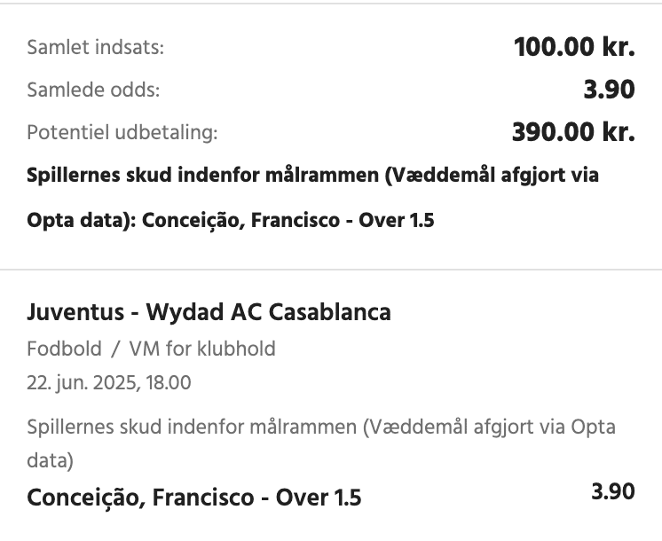 Kuponscreenshot: Francisco Conceição over 1,5 skud på mål i Juventus-Wydad til odds 3,90