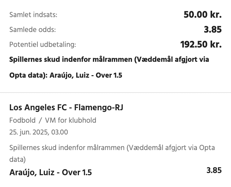 Kuponscreenshot: Luiz Araújo over 1,5 skud på mål i Los Angeles FC-Flamengo til odds 3,85