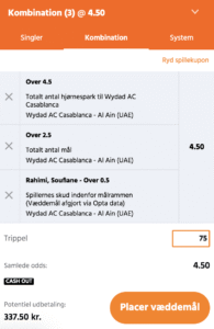 Kuponscreenshot: trippel til odds 4,50 – over 4,5 Wydad-hjørnespark, over 2,5 mål og Rahimi over 0,5 skud på mål