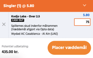 Kuponscreenshot: Kodjo Laba over 2,5 skud på mål i Wydad-Al Ain til odds 5,80