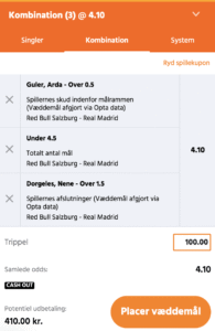 Kuponscreenshot: trippel på Salzburg-Real Madrid til samlet odds 4,10 med Guler, under 4,5 mål og Dorgeles