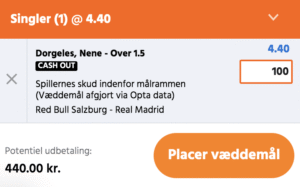 Kuponscreenshot: Nene Dorgeles over 1,5 skud på mål i Salzburg-Real Madrid til odds 4,40