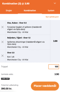 Kuponscreenshot: trippel på Manchester City-Al Hilal til samlet odds 3,90 med Dias, Reijnders og over 3,5 kort
