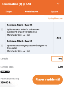 Kuponscreenshot: double på Reijnders skud og afslutninger i Manchester City-Al Hilal til odds 3,50