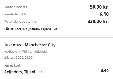 Kuponscreenshot: Tijjani Reijnders får et kort i Juventus-Manchester City til odds 6,40
