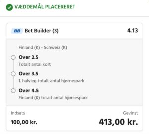 Kuponscreenshot: bet builder på Finland-Schweiz (K) med kort og hjørnespark til samlet odds 4,13