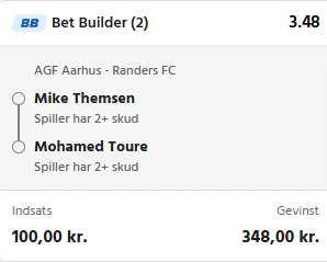 Kuponscreenshot: bet builder på AGF-Randers med 2+ skud til Themsen og Toure, odds 3,48