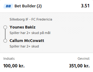 Kuponscreenshot: bet builder på Silkeborg-Fredericia med skud fra Bakiz og McCowatt, odds 3,51