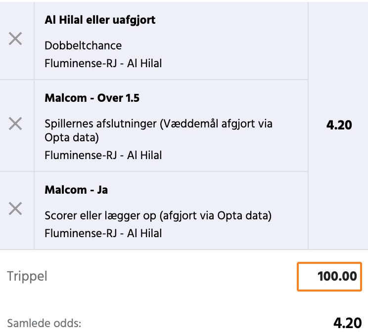 Kuponscreenshot: trippel på Fluminense-Al Hilal til odds 4,20 med dobbeltchance og to Malcom-spil