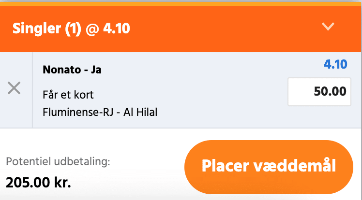 Kuponscreenshot: Nonato får et kort i Fluminense-Al Hilal til odds 4,10