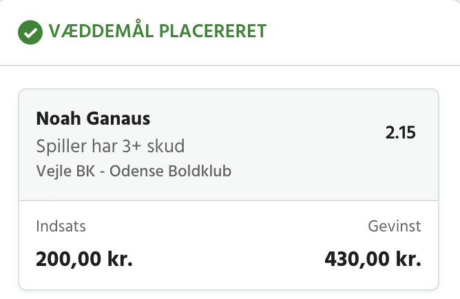 Kuponscreenshot: Noah Ganaus 3+ skud i Vejle-OB til odds 2,15