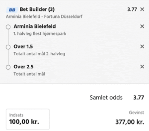 Kuponscreenshot: Bielefeld flest hjørnespark i 1. halvleg og over 2,5 mål, samlet odds 3,77
