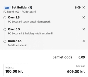 Kuponscreenshot: Botosani-hjørnespark og mål i Rapid-Botosani, samlet odds 6,09