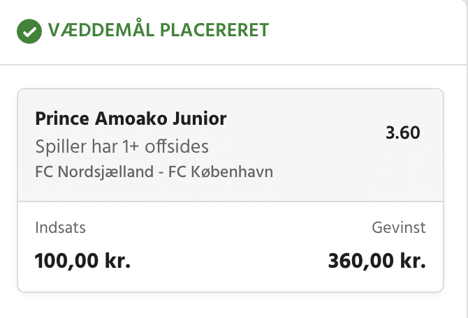 Kuponscreenshot: Prince Amoako Junior 1+ offside i FCN-FCK til odds 3,60