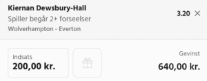 Kuponscreenshot: Dewsbury-Hall begår 2+ forseelser i Wolves-Everton til odds 3,20