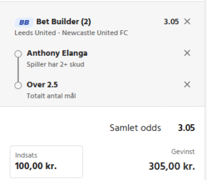 Kuponscreenshot: Elanga 2+ skud og over 2,5 mål i Leeds-Newcastle til samlet odds 3,05