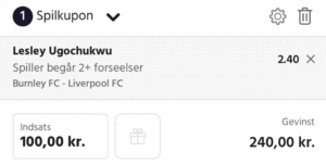 Kuponscreenshot: Lesley Ugochukwu begår 2+ forseelser i Burnley-Liverpool til odds 2,40