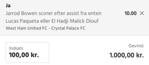Kuponscreenshot: Bowen scorer efter assist fra Paquetá eller Diouf i West Ham-Crystal Palace, odds 10,00