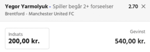 Kuponscreenshot: Yegor Yarmolyuk begår 2+ forseelser i Brentford-Manchester United, odds 2,70