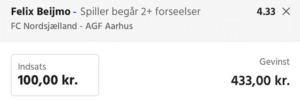 Kuponscreenshot: Felix Beijmo begår 2+ forseelser i FC Nordsjælland-AGF til odds 4,33