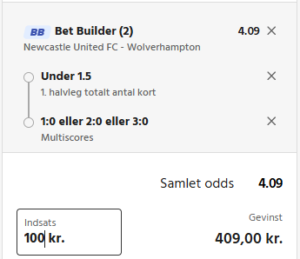 Kuponscreenshot: Newcastle-Wolverhampton under 1,5 kort i 1. halvleg og 1:0/2:0/3:0 til odds 4,09