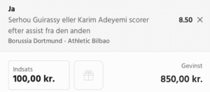 Kuponscreenshot: Guirassy eller Adeyemi scorer på assist fra den anden i Dortmund-Bilbao, odds 8,50